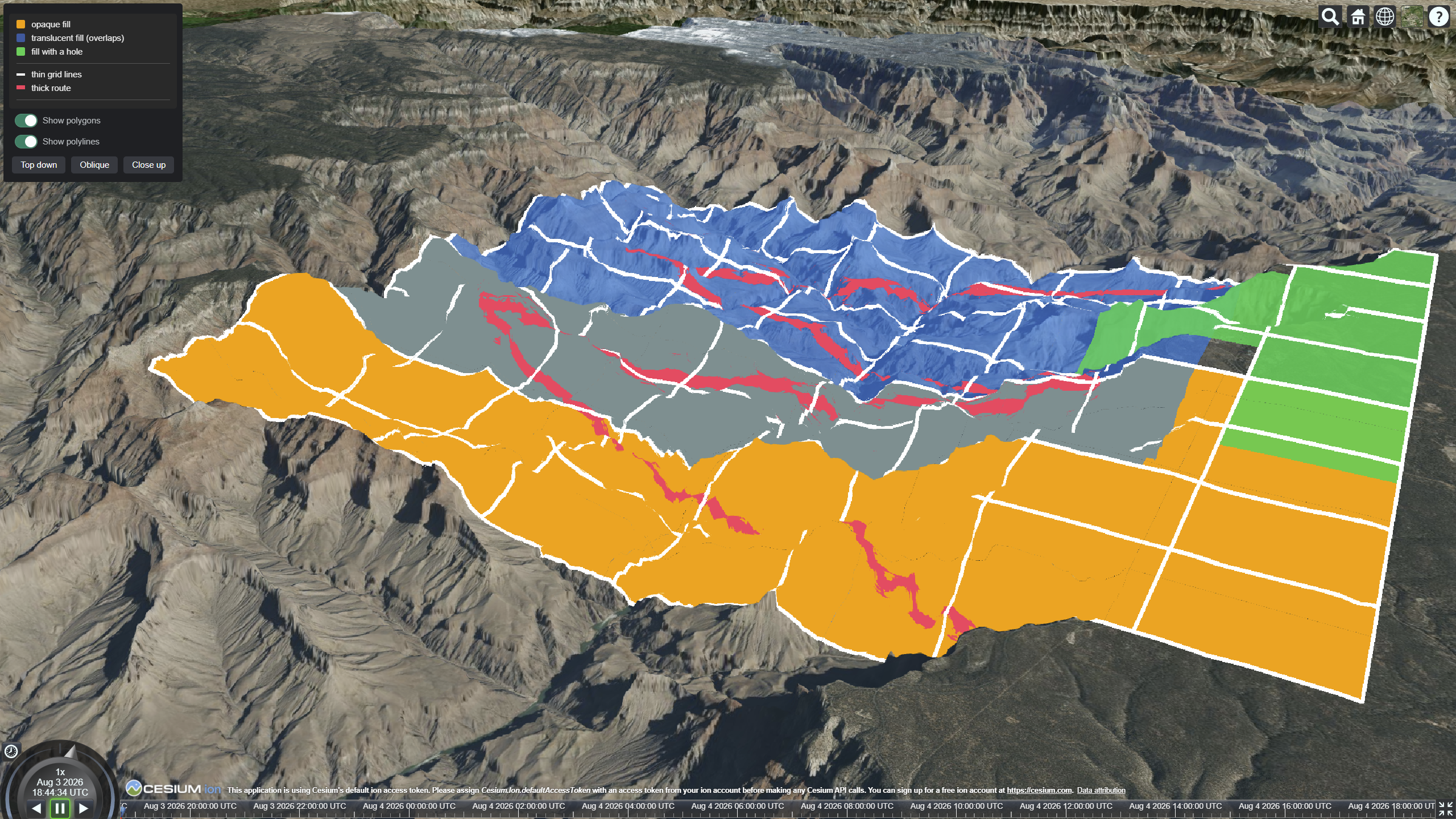 2D polygons and lines draped over Cesium World Terrain in CesiumJS.