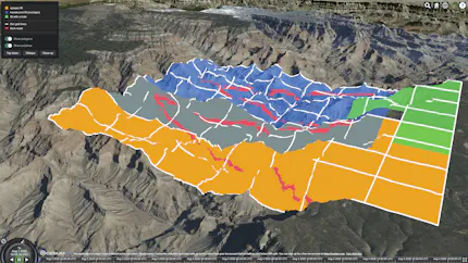 2D polygons and lines draped over Cesium World Terrain in CesiumJS.