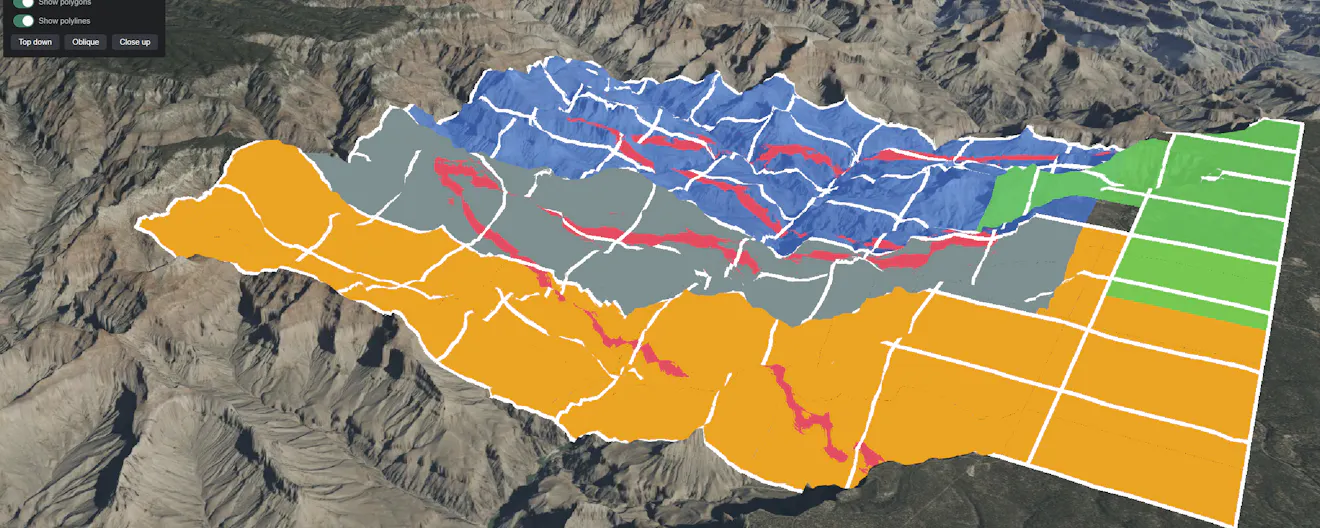 2D polygons and lines draped over Cesium World Terrain in CesiumJS.