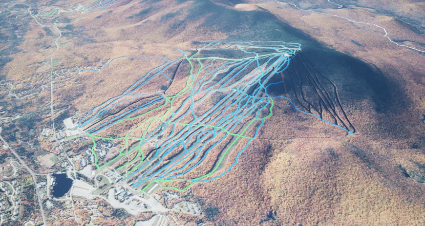 Difficulty of ski runs at Mount Snow, Vermont, USA, visualized using the CesiumVectorTilesRasterOverlay’s new styling capabilities. Data © OpenStreetMap contributors and OpenSkiMap.org.