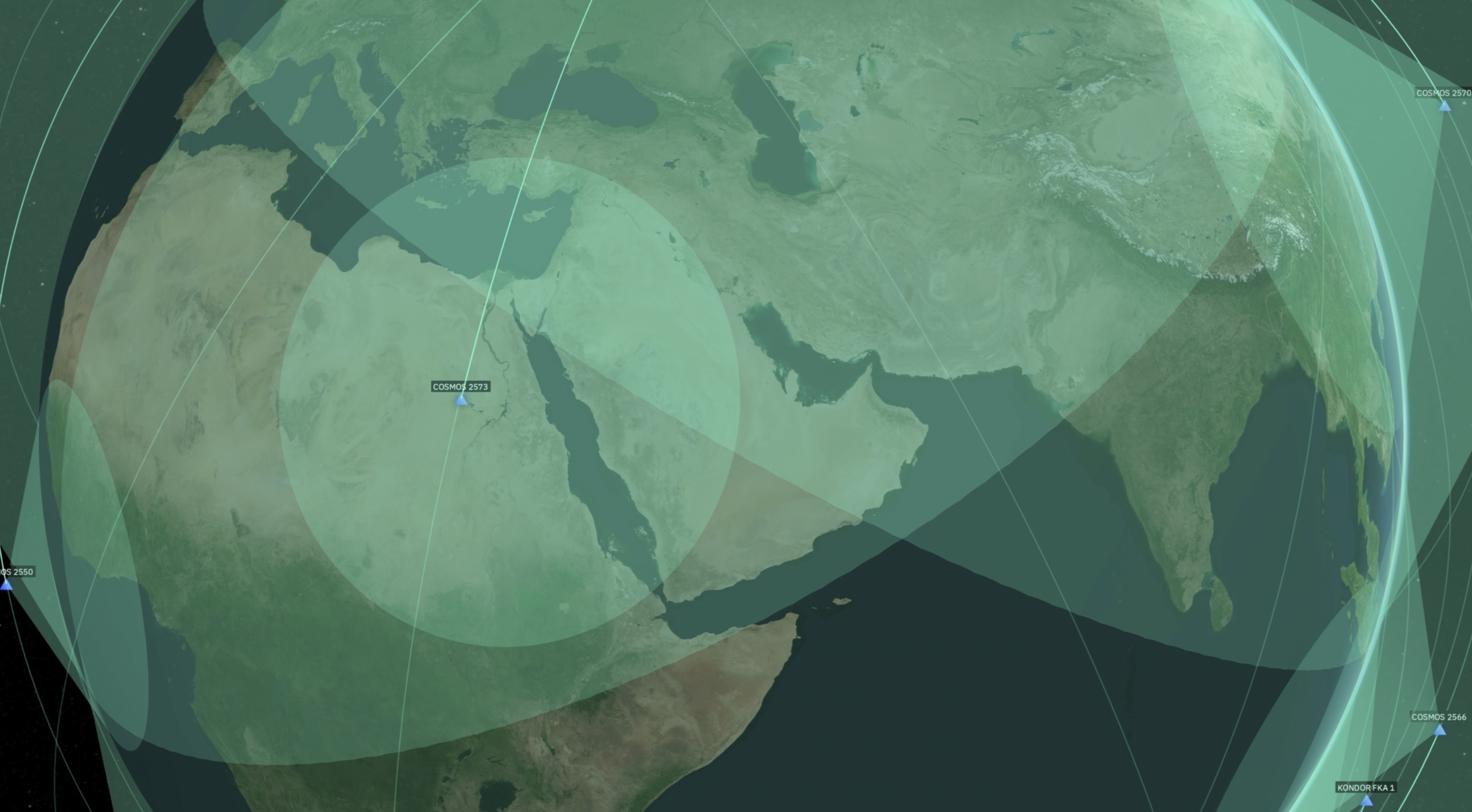 COSMOS 2573 is a Russian EO satellite. This simulation shows satellite paths and visibility cones. Courtesy Kayhan Space.