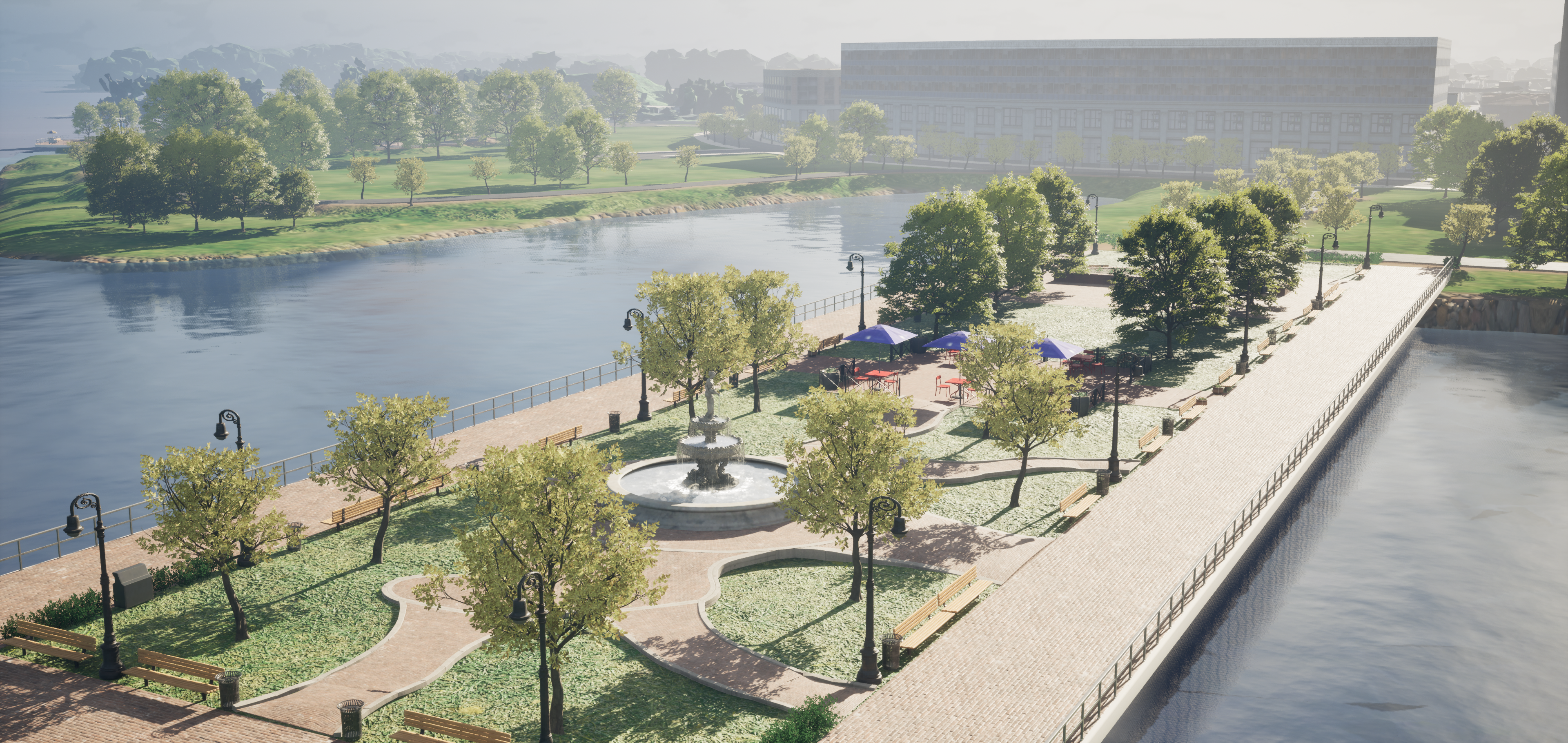 Rendering of waterfront in Camden digital twin built by Hopeworks in Cesium for Unreal