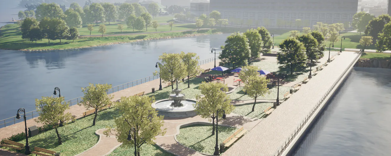 Rendering of waterfront in Camden digital twin built by Hopeworks in Cesium for Unreal