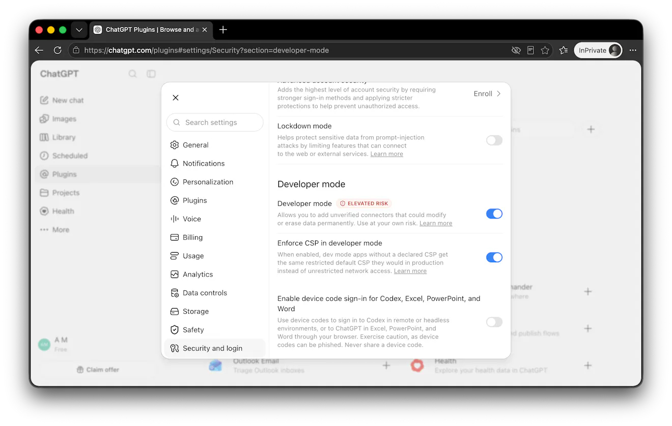 Enabling developer mode in ChatGPT