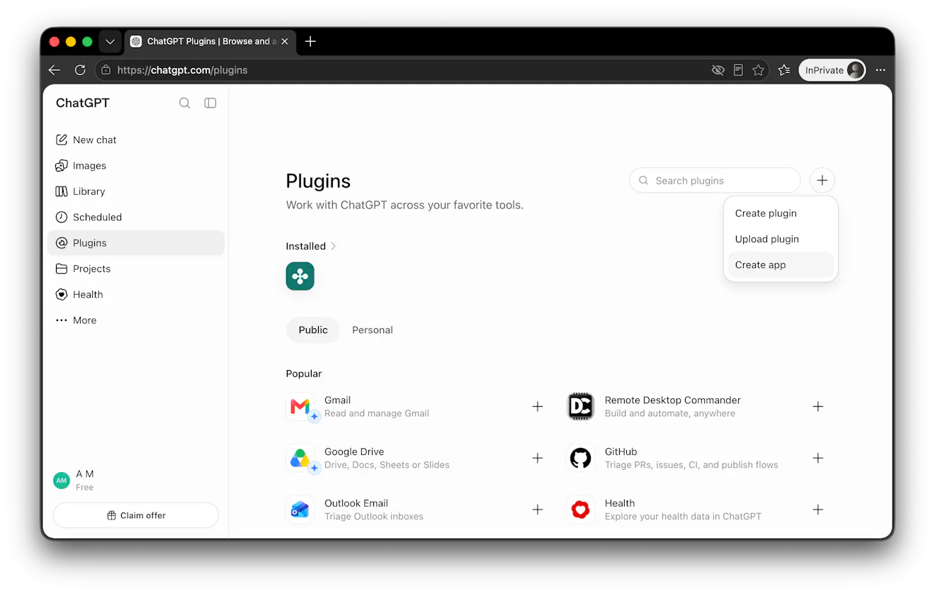 Create an app from the plugin page in ChatGPT