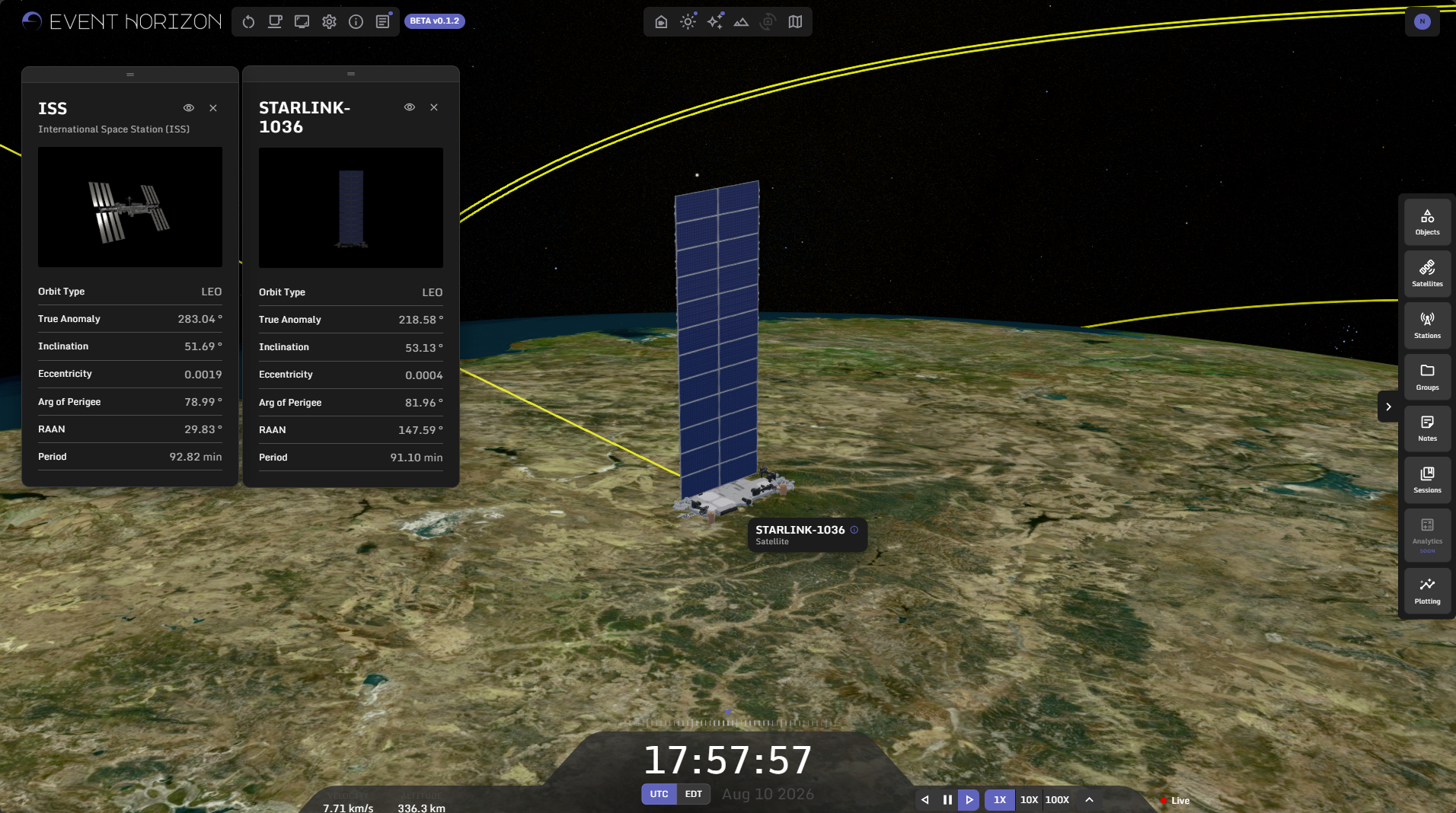 Event Horizon's web interface provides an interactive 3D representation of space operations, mission milestones, and analytics. Courtesy Blacknight Space. This image shows a Starlink satellite over the globe.