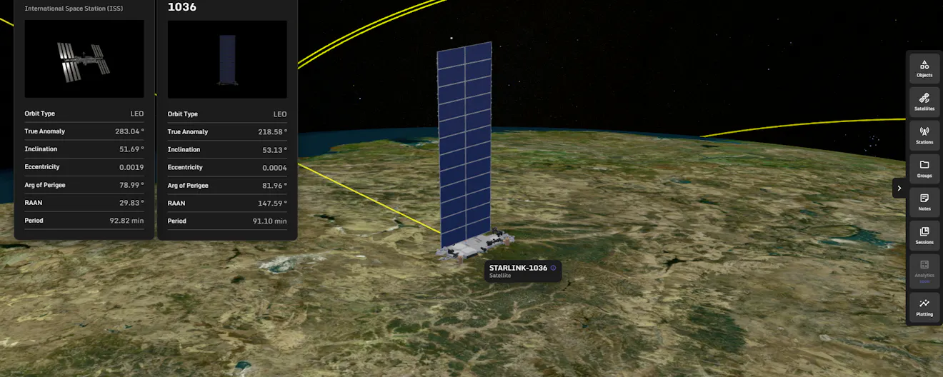 Event Horizon's web interface provides an interactive 3D representation of space operations, mission milestones, and analytics. Courtesy Blacknight Space. This image shows a Starlink satellite over the globe.