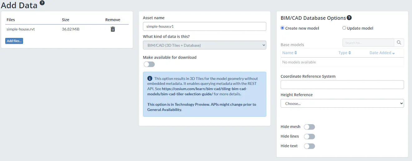 Cesium ion add data page, with the BIM/CAD Create new model option selected. The simple-house.rvt file is currently added.