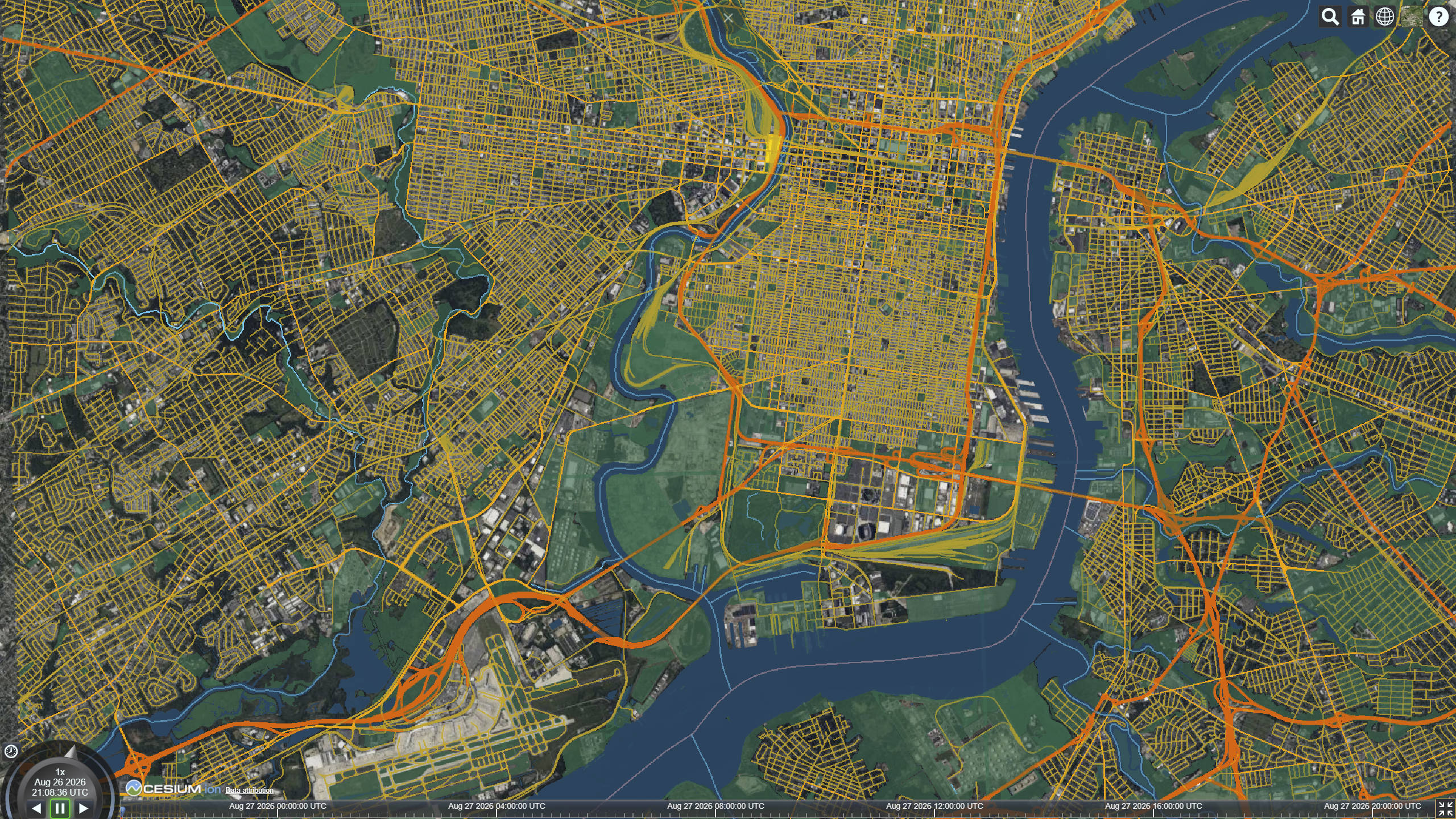 OpenStreetMap road network for Philadelphia City, styled by road class 
