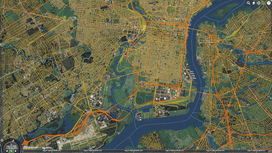 OpenStreetMap road network for Philadelphia City, styled by road class 
