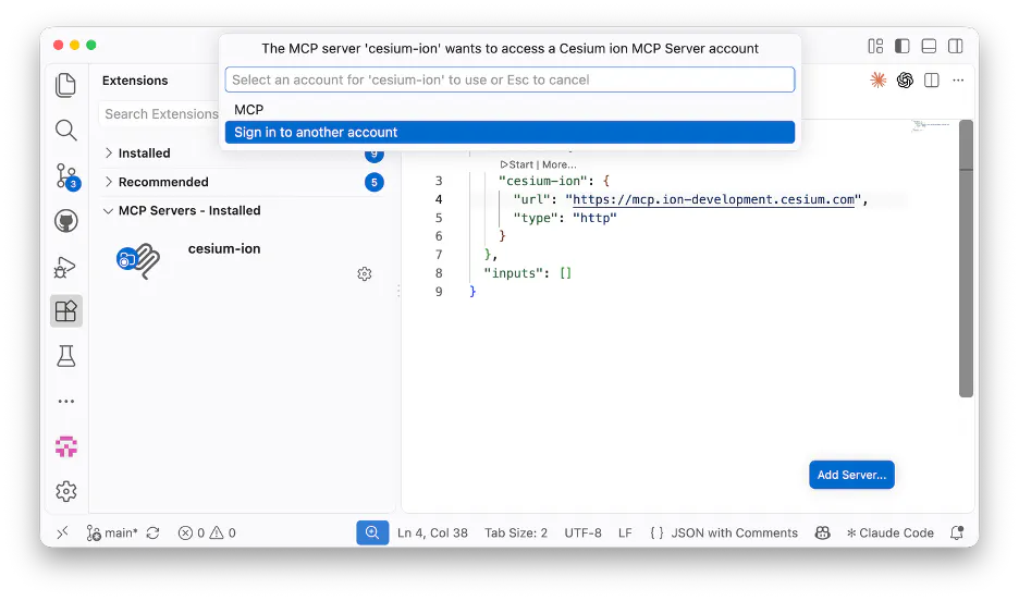 Sign in to Cesium ion account in VS Code