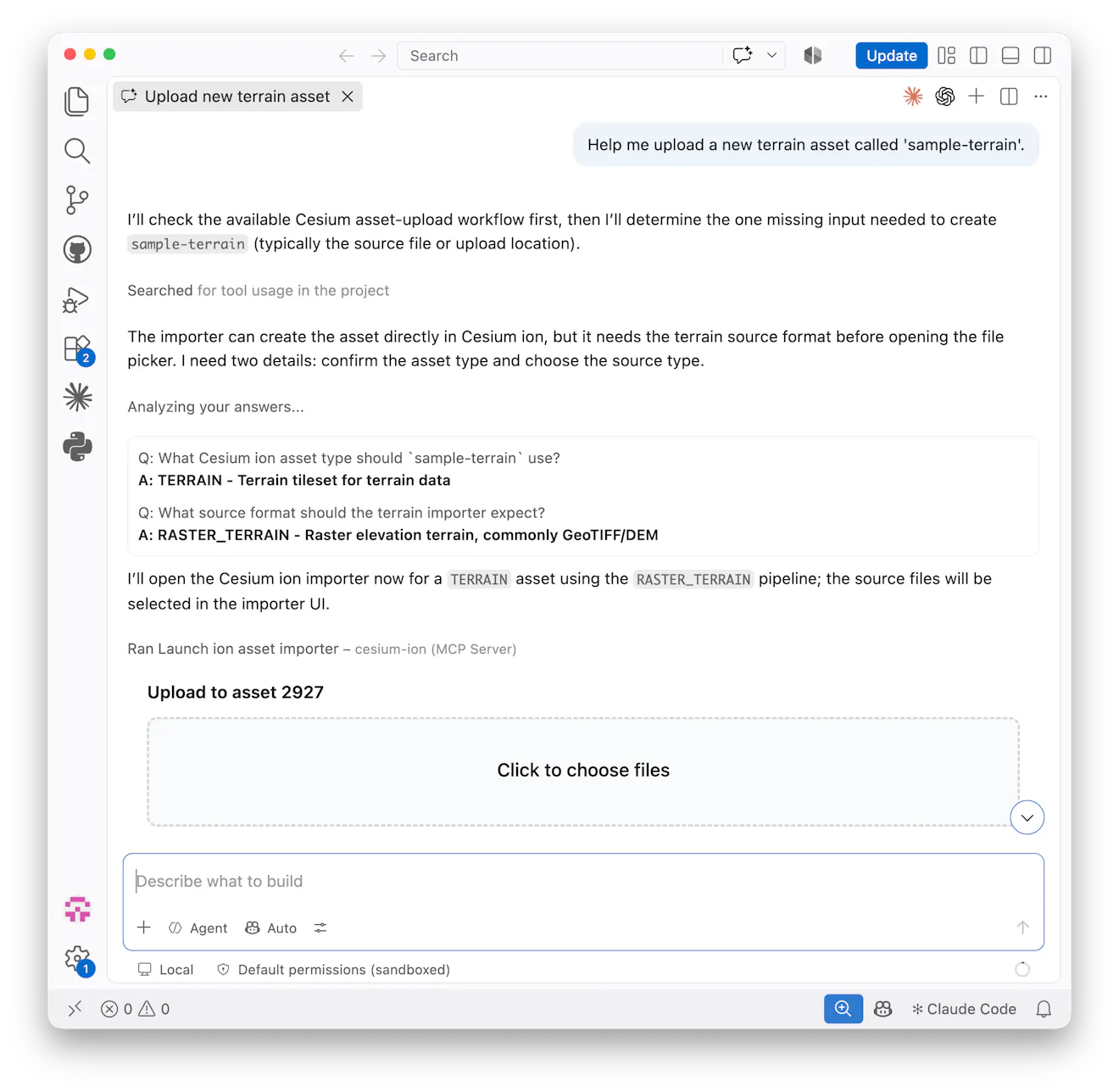 Asset importer panel in chat