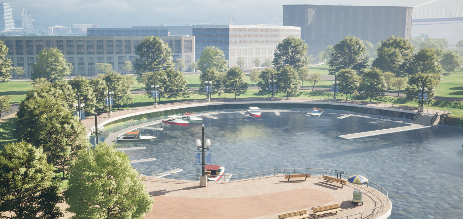 Rendering of marina in Camden digital twin built by Hopeworks in Cesium for Unreal