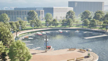 Rendering of marina in Camden digital twin built by Hopeworks in Cesium for Unreal