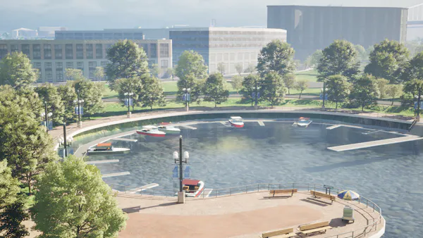 Rendering of marina in Camden digital twin built by Hopeworks in Cesium for Unreal