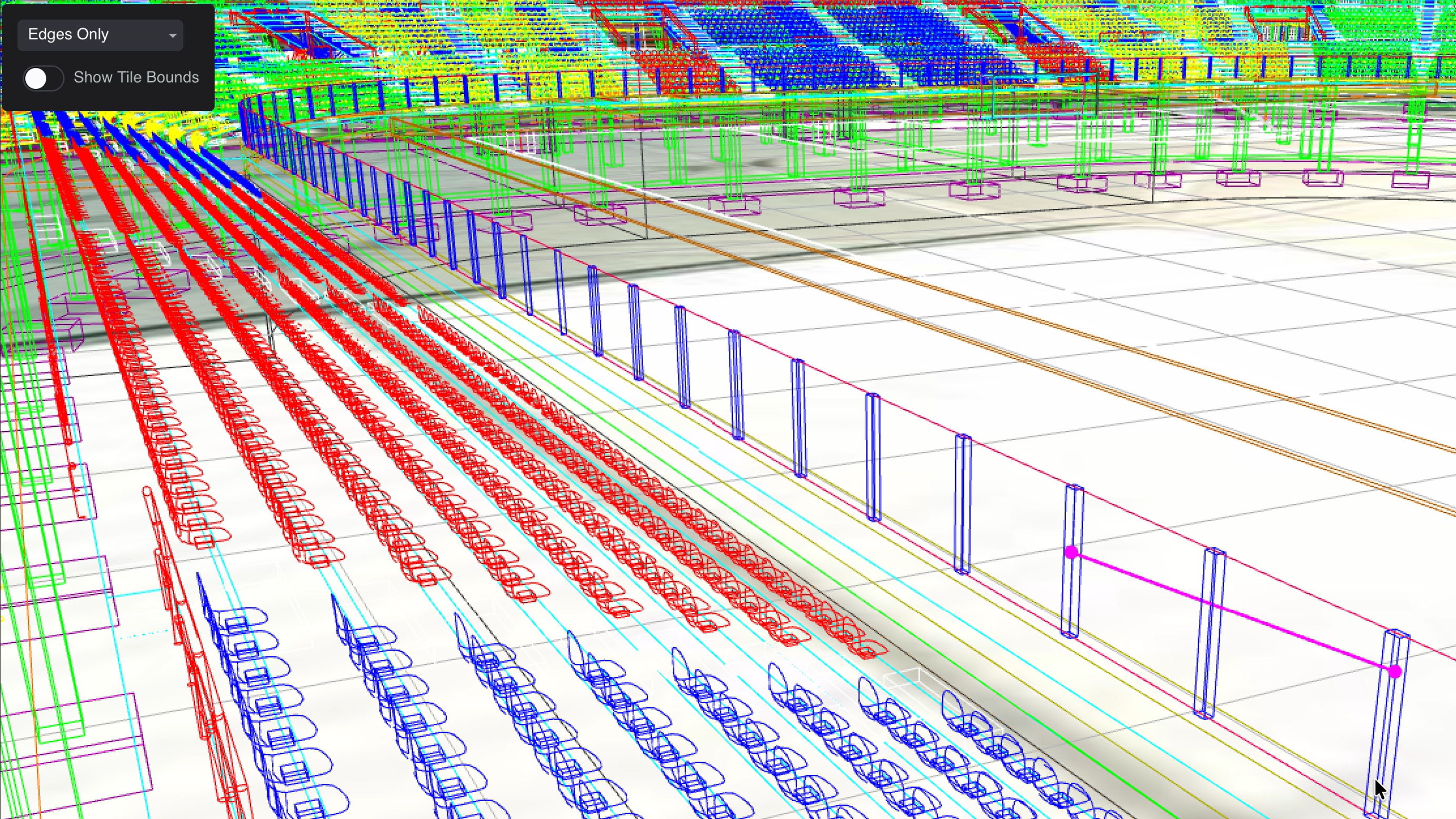 A 3D model of a stadium with only the edges displayed