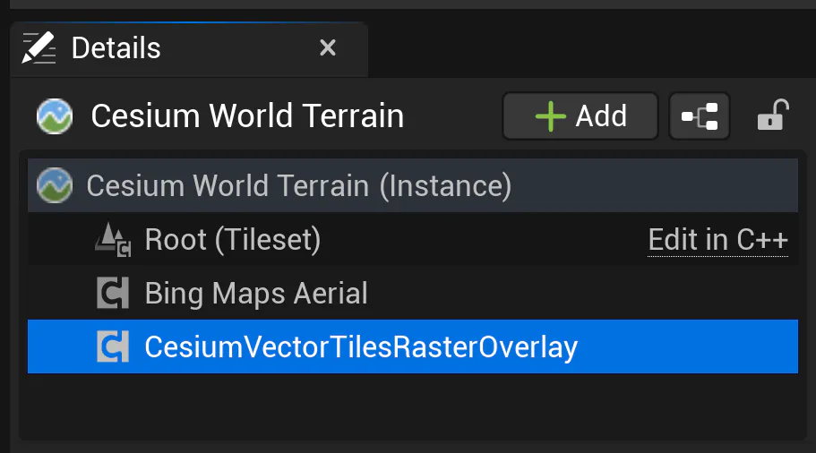 Cesium World Terrain tileset menu to add a Cesium Vector Tiles Raster Overlay
