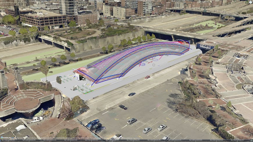 An iModel of a Philadelphia Metrostation on top of an iTwin Reality Mesh shown in CesiumJS.