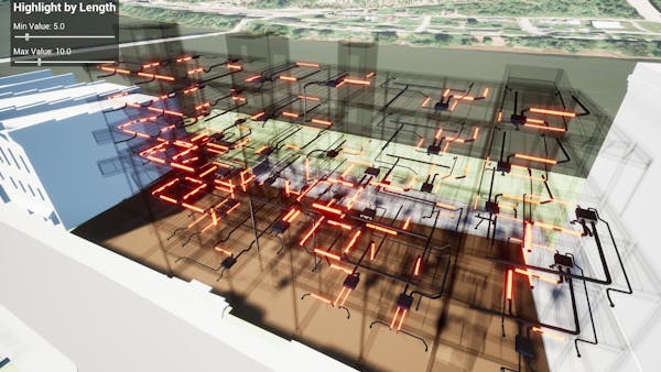 Metadata styling to highlight HVAC components in Snowdon Sample Model. Featured in Level 15_CesiumArchitecturalMetadataStyling in Cesium for Unreal Samples.