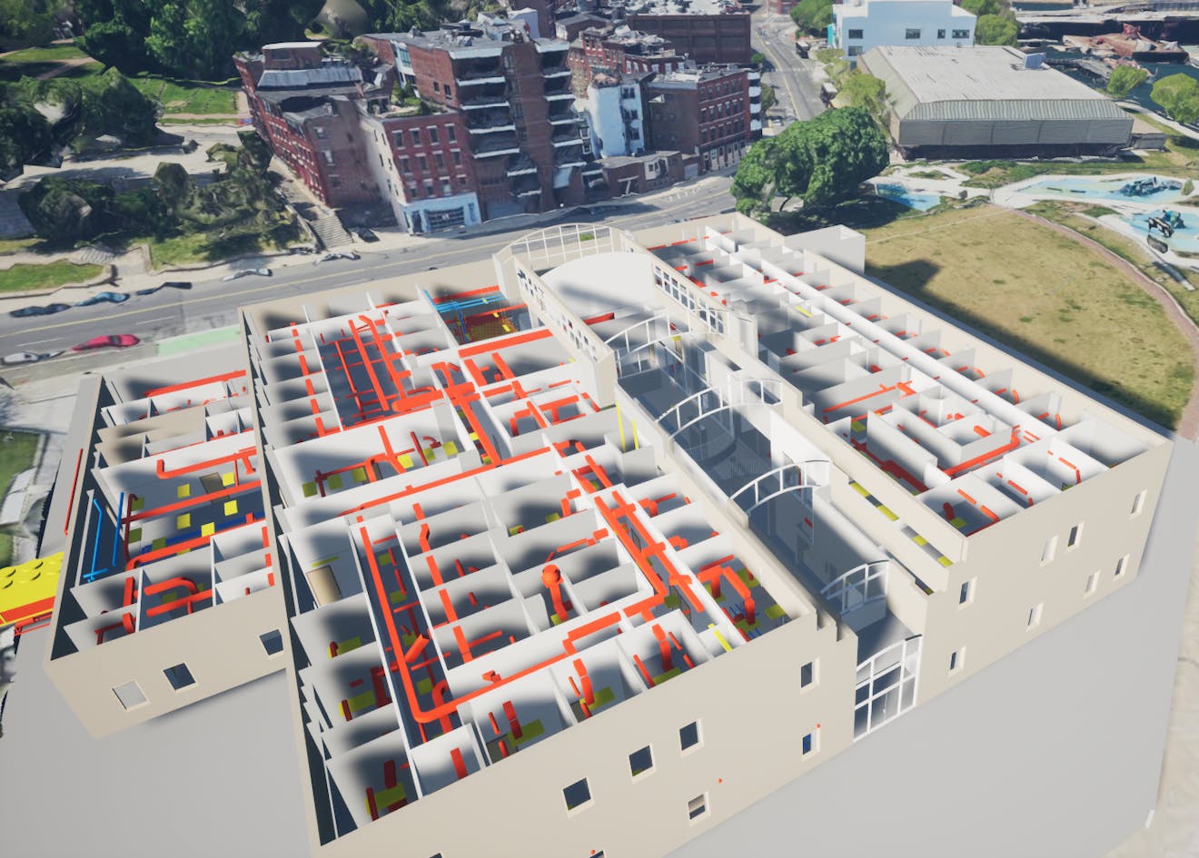 IFC model as 3D Tiles visualized in Boston, Massachusetts, USA, on top of Google Photorealistic 3D Tiles within Cesium for Unreal. Source data: BSI (2020) "Medical-Dental Test Files," buildingSMART International.