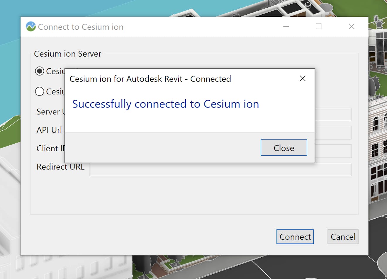 Cesium ion for Autodesk Revit: If authorization is successful, there should be a notification in your Revit window that you successfully connected to Cesium ion.