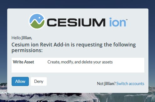 Cesium ion for Autodesk Revit: Click Allow access to complete the connection to Revit.