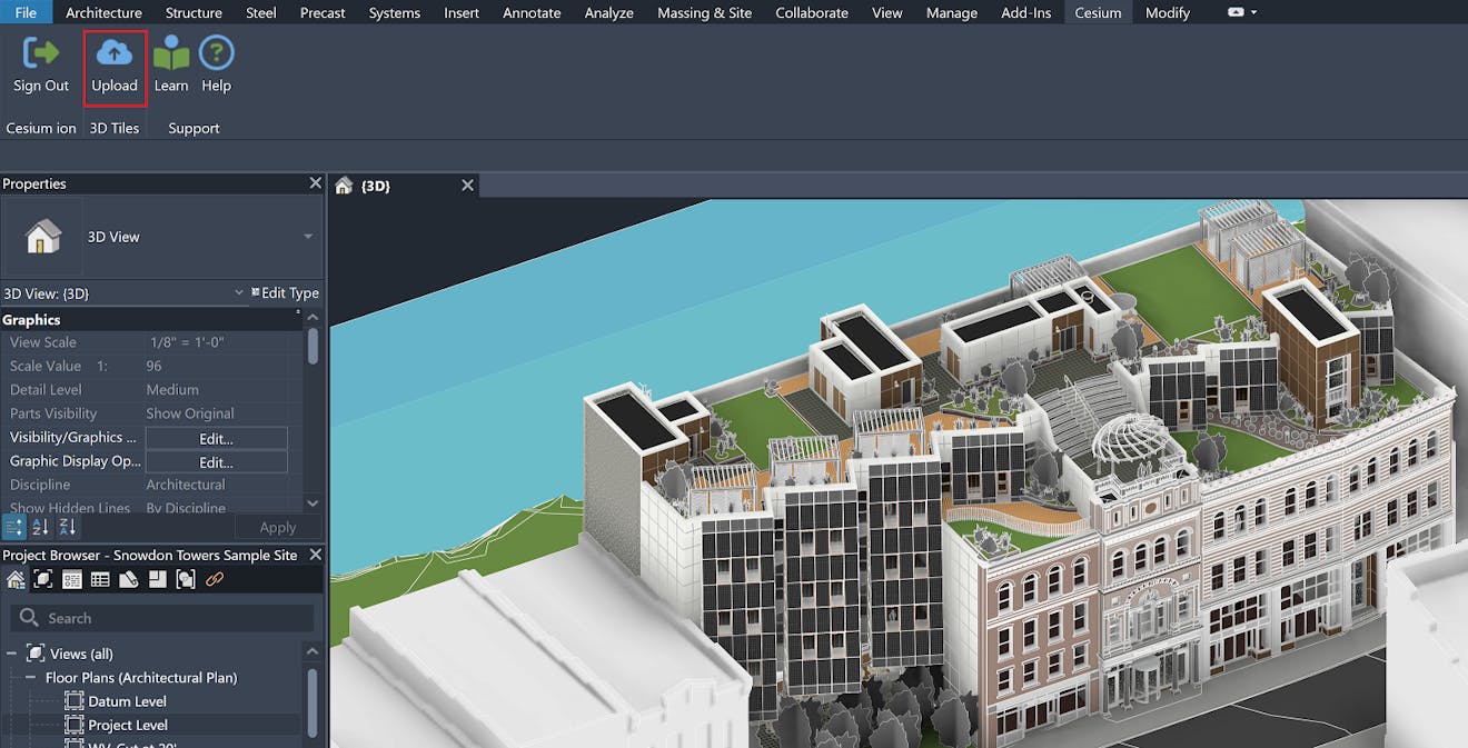 Cesium ion for Autodesk Revit: Navigate to a 3D View and ensure the content visible is what you want uploaded. In this example we are using the Snowdon Architecture sample. In the Cesium ribbon, click Upload to open the upload configuration window.