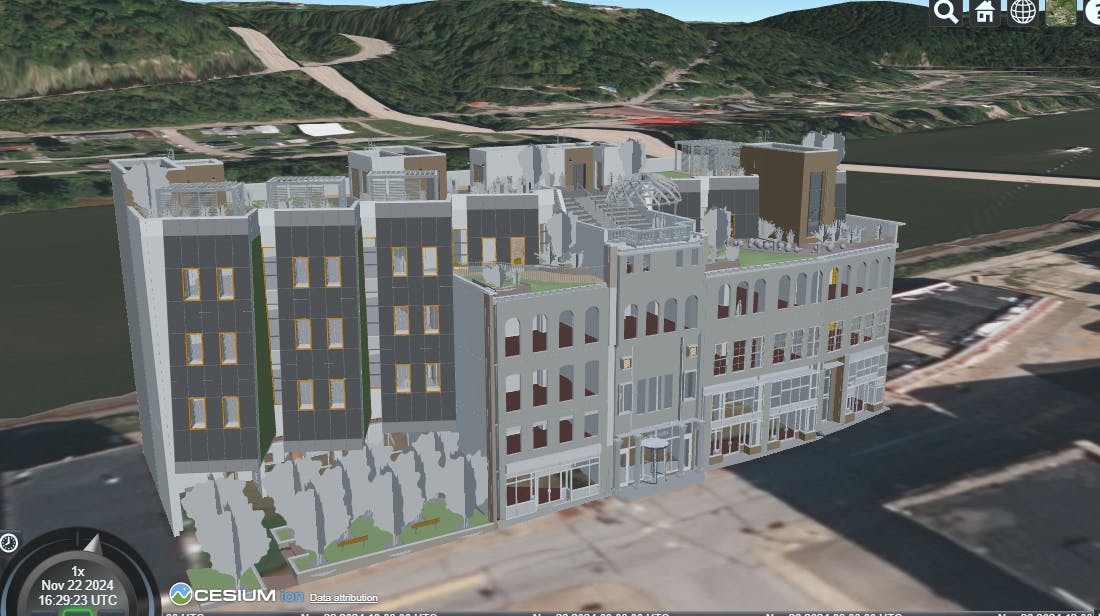 Cesium ion for Autodesk Revit: You will see an asset listed with the same name as the Revit file that was uploaded. Because we supplied precise location information, the model is correctly positioned in Brownsville, Pennsylvania, USA.