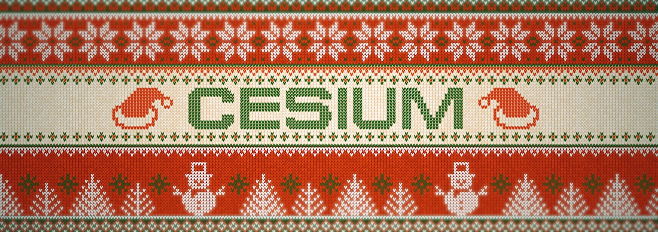 NORAD Tracks Santa page background. The image looks like a sweater, with flowers, hats, trees, and snowmen. "Cesium" is in green letters in the middle.