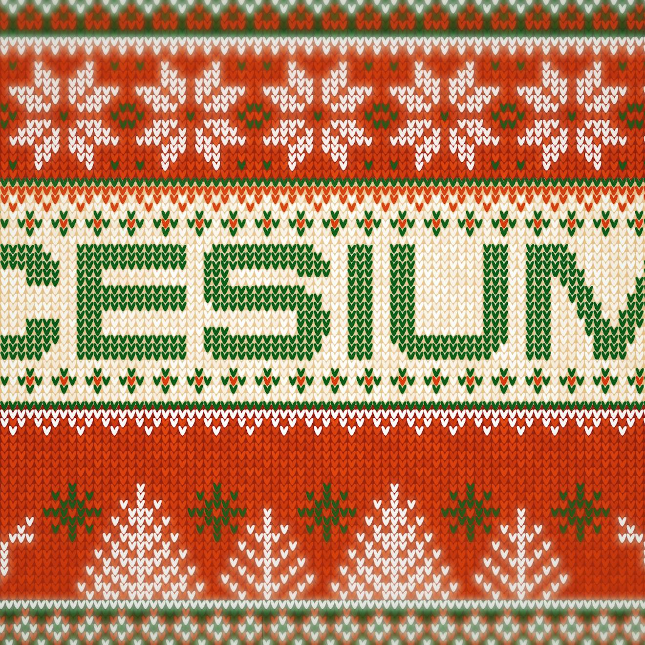 NORAD Tracks Santa page background. The image looks like a sweater, with flowers, hats, trees, and snowmen. "Cesium" is in green letters in the middle.