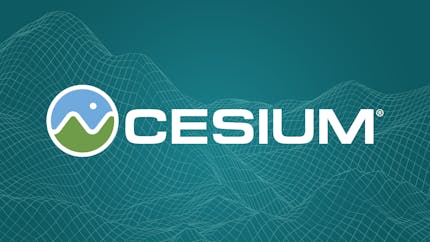Cesium logo over teal mesh of terrain