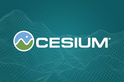 Cesium logo over teal mesh of terrain