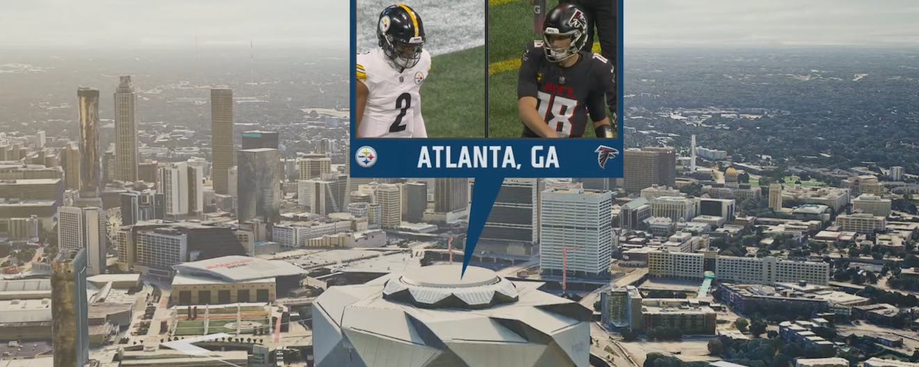 FOX Sports' XR team uses Cesium for Unreal and Google Photorealistic 3D Tiles to build virtual 3D cities to highlight team locations. This image shows the Steelers-Falcons matchup in Atlanta, Georgia, USA.