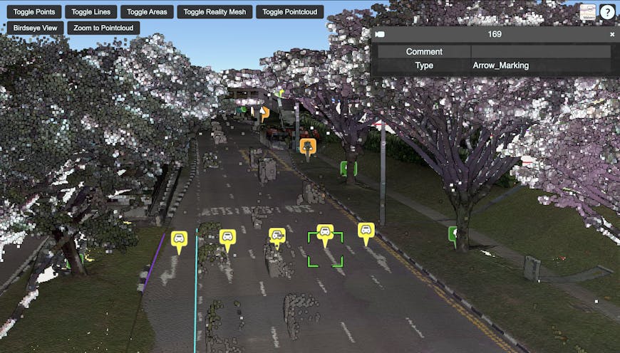 iTwin Reality Feature Service results displayed as GeoJSON with iTwin Reality Point Cloud data in CesiumJS.