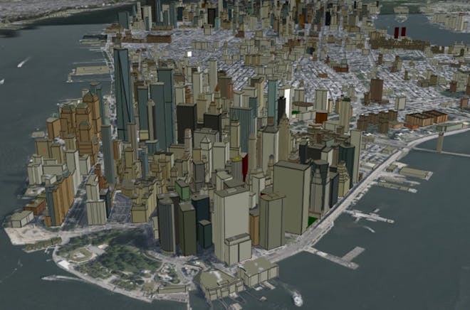 Overhead view of Cesium OSM Buildings of Manhattan