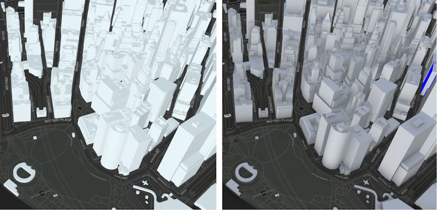 New York Buildings 3D Tileset, rendered in CesiumJS with ambient occlusion before these lighting updates (left, version 1.121) and after (right, version 1.125). The overall effect of the changes is more realistic lighting and more easily understood model form.