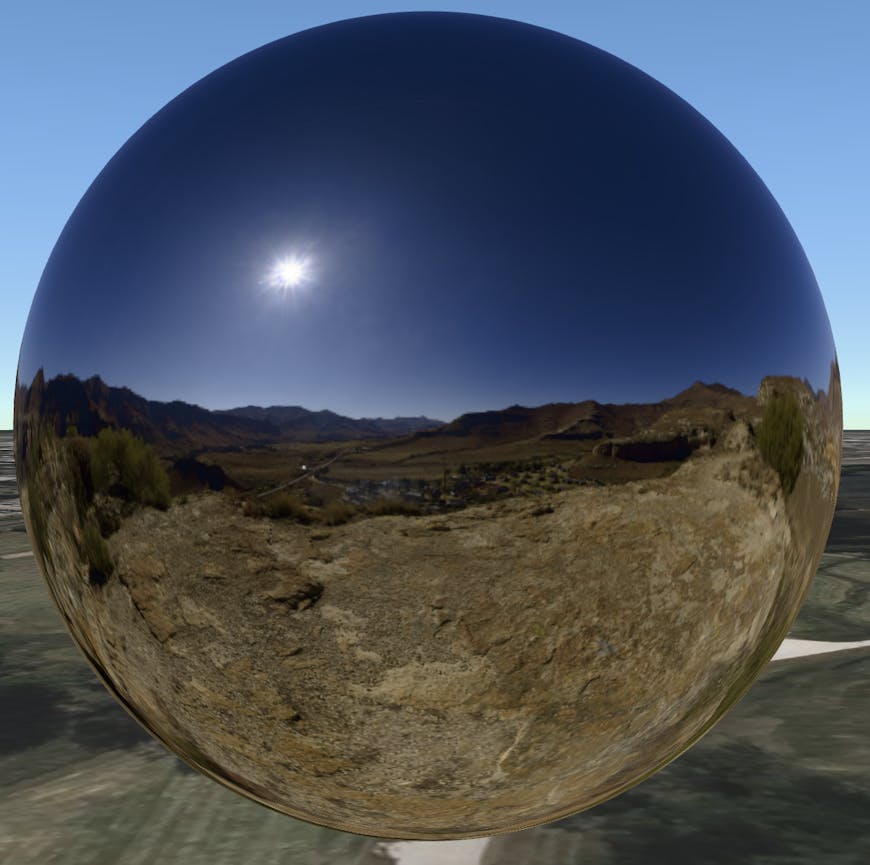 glTF model of a polished metal sphere reflecting the environment, rendered in CesiumJS using improved image-based lighting and an HDR-image environment map.