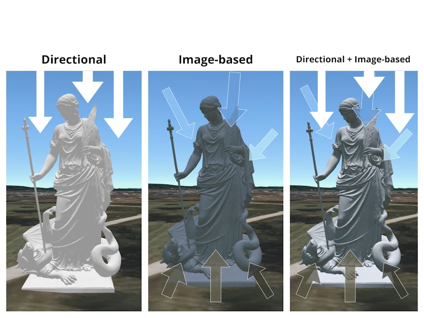 glTF model, courtesy of noe-3d.at on Sketchfab, rendered in CesiumJS with directional lighting (left), image-based lighting (middle), and a combination of directional and image-based lighting (right). The combination results in the most apparent dimension and sense of place when viewing the model.