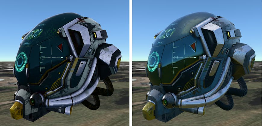 The Damaged Helmet glTF sample model rendered in CesiumJS with default procedural lighting in version 1.121 (left) and with dynamic environment maps in version 1.125 (right).