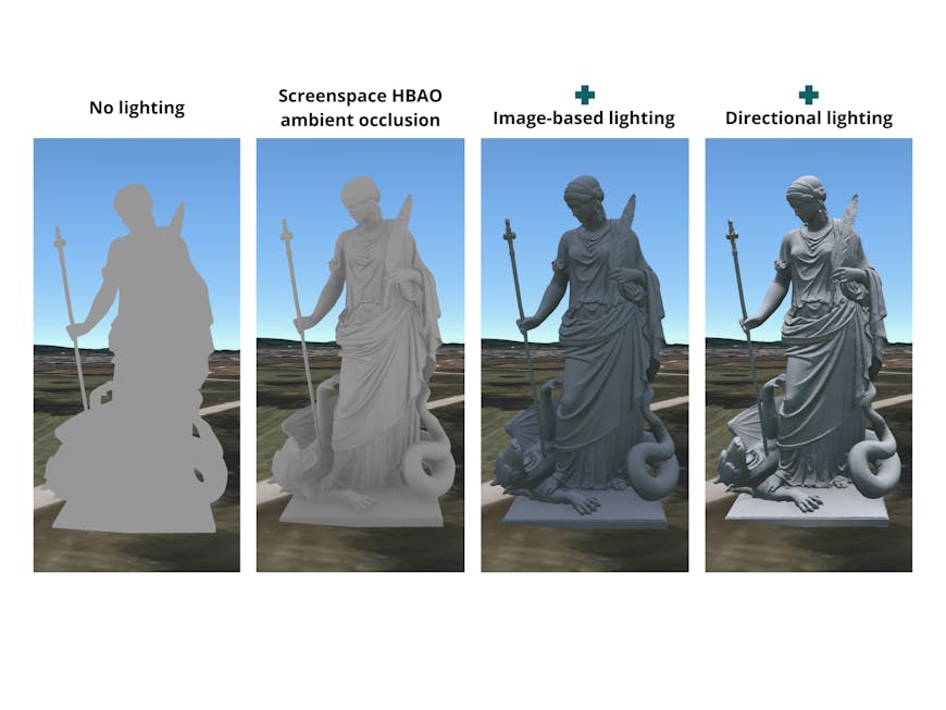 glTF model, courtesy of noe-3d.at on Sketchfab, rendered in CesiumJS with combined lighting effects. Ambient occlusion alone highlights detail in the model’s form. When combined with image-based and directional lighting, we can approximate effects similar to a global lighting system without the need for baking lighting or other preprocessing.