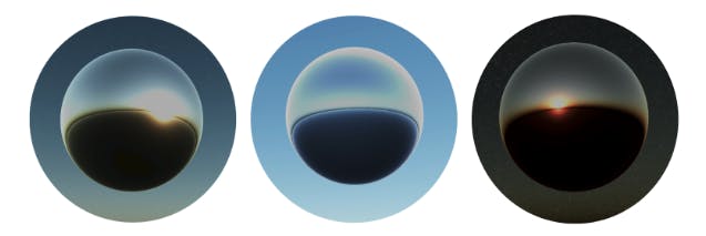 A glTF model of a polished metal sphere reflecting the environment at morning (left), noon (middle), and evening (right), as rendered with dynamic environment maps in CesiumJS.