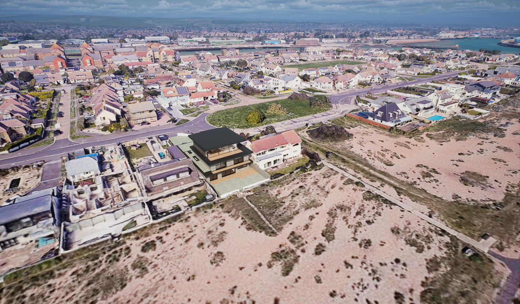 The view shows the 3D model of a potential home, set in place amid Photorealistic 3D Tiles of the surrounding area, all streamed in Cesium for Unreal. The home is multiple levels and has beach access.