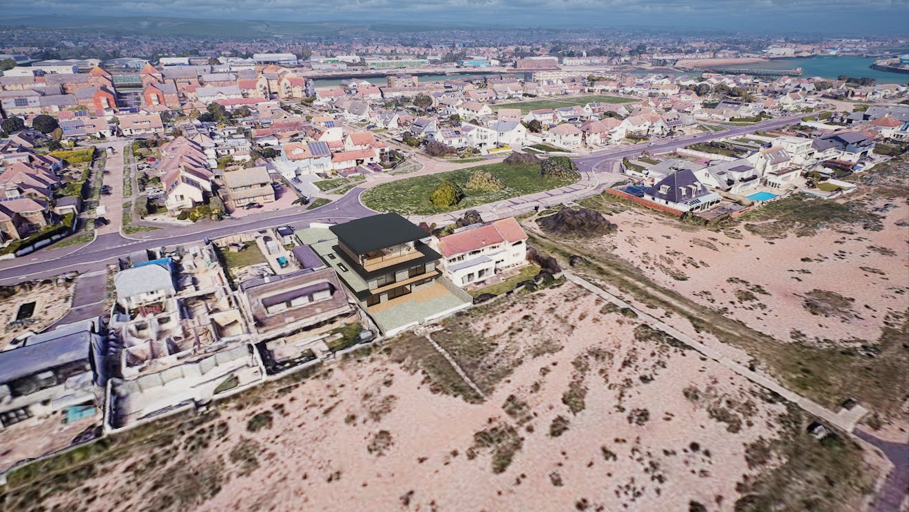 The view shows the 3D model of a potential home, set in place amid Photorealistic 3D Tiles of the surrounding area, all streamed in Cesium for Unreal. The home is multiple levels and has beach access.