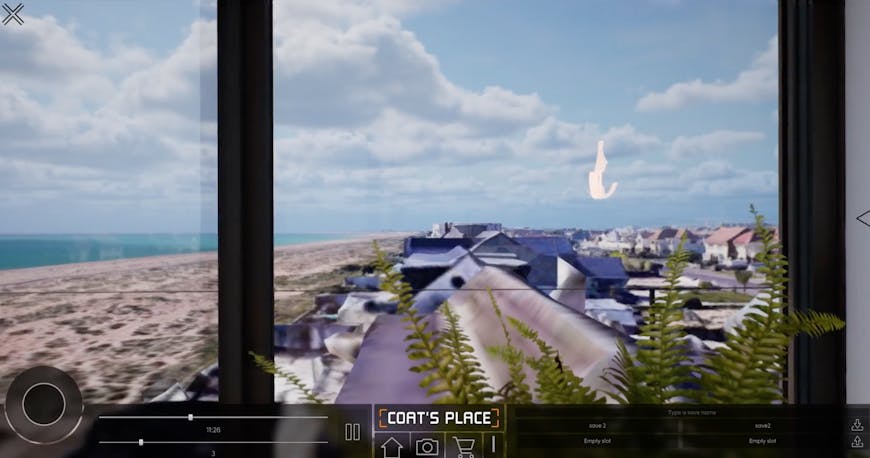 APlace adds real-world data to potential living spaces. Courtesy APlace. The view from a virtual home shows the beach and nearby homes in Shoreham-by-Sea, UK, as Photorealistic 3D Tiles. An indoor light is reflected in the window.