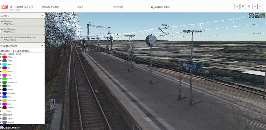 Raw point clouds of the rails and immediate surroundings are paired with Cesium’s datasets. Courtesy DB InfraGO AG.
