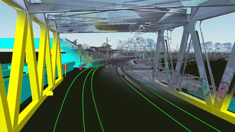 Using both terrestrial lidar and devices mounted on slowly moving trains, Digitale Schiene Deutschland collects dense point clouds. Courtesy DB InfraGO AG.
