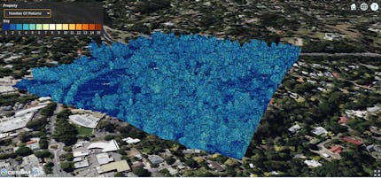 Aerometrex data of Stirling, South Australia, showing the “number of returns” property. Each LiDAR pulse can have multiple return reflections, showing different levels of vegetation. The lighter color shows higher return values for trees.