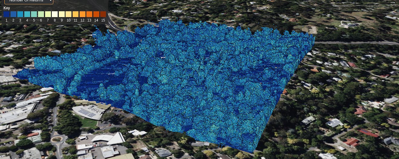 Aerometrex data of Stirling, South Australia, showing the “number of returns” property. Each LiDAR pulse can have multiple return reflections, showing different levels of vegetation. The lighter color shows higher return values for trees.