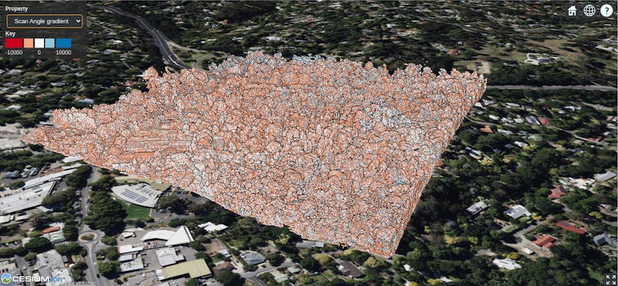 Aerometrex data of Stirling, South Australia, showing the “scan angle” property. The LiDAR scanner sweeps left to right (and vice versa). This shows a simple representation if the angle was positive or negative.