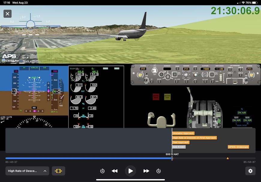 For 3D animations in the Postflight module, pilots see only their own flights, including those that may have triggered a safety event, such as descent speed above airline guidelines. Courtesy GE Aerospace, Software as a Service.